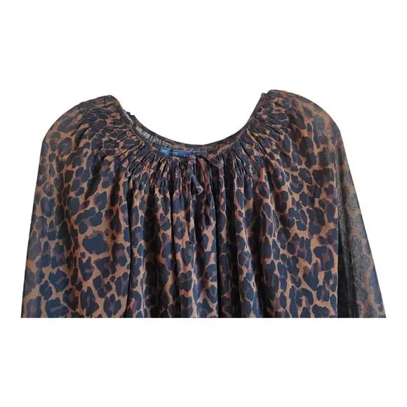 ZARA Women S Blouse Top Leopard Print Brown Black Smocked Elastic 3/4 Sleeve 38" - Picture 2 of 6